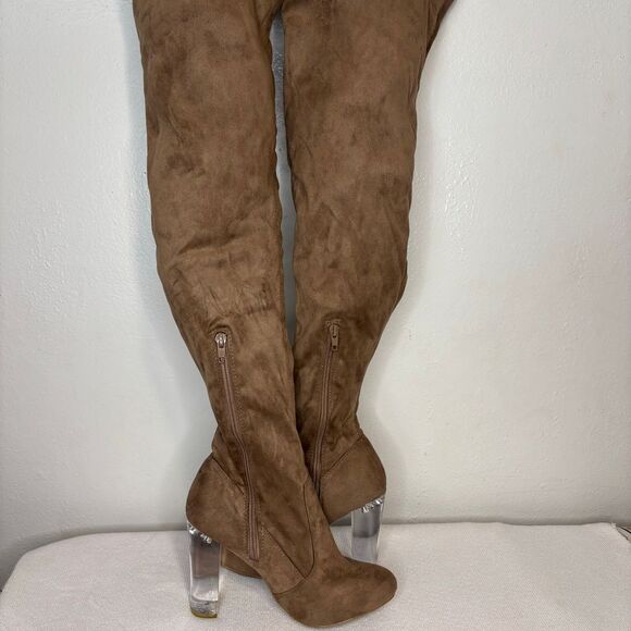 Wild Diva Shoes - Wild Diva Lounge Over the Knee High Clear Lucite Heel Sexy Boots Women's 7 Brown